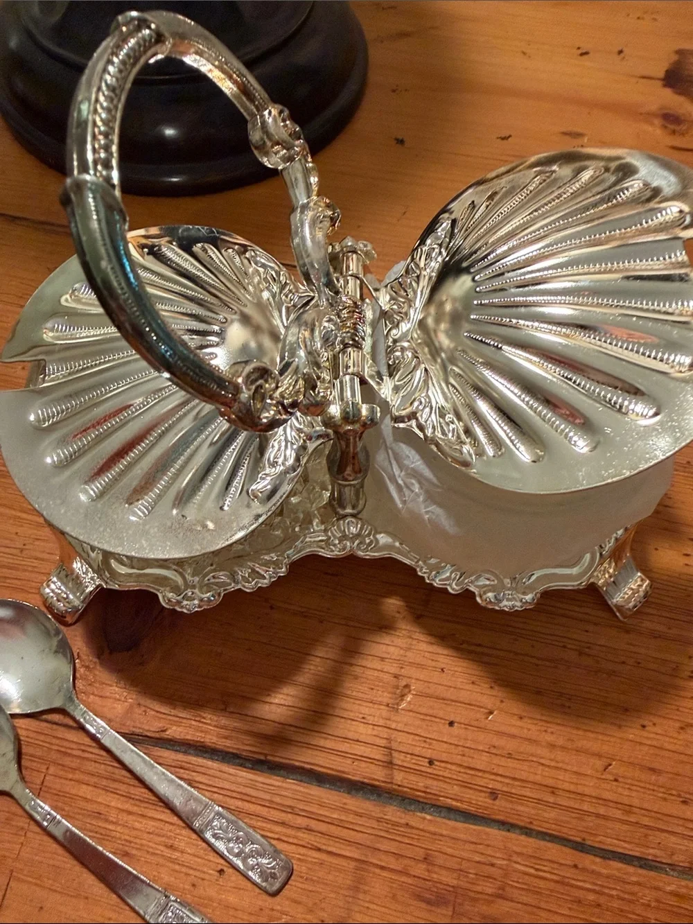 Vintage HUGO Silver-plate Double Condiment Server with Shell Lids and Spoons